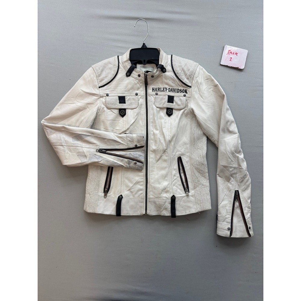 Harley-Davidson Womens White Lambskin Leather Motorcycle Jacket Winged Logo XS